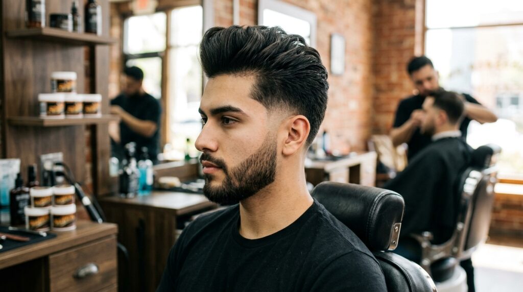 Textured Pompadour With Low Taper Fade